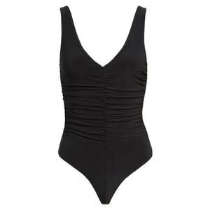 NWT LEITH Ruched V-neck Sleeveless Thong Bodysuit In Black